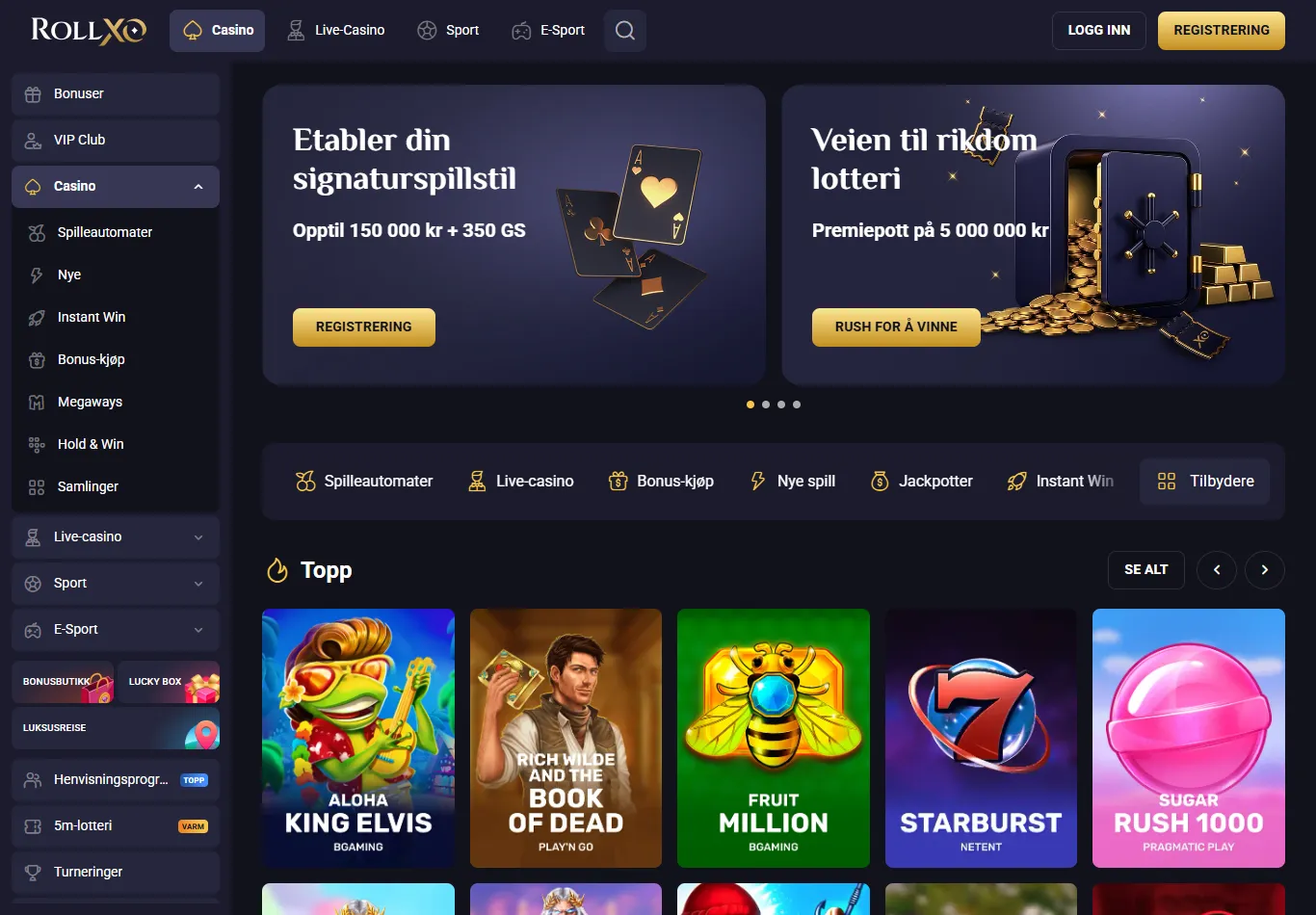 RollXO-forsiden med velkomstpakke på 150 000 kr, sidefeltnavigasjon og betalingslogoer